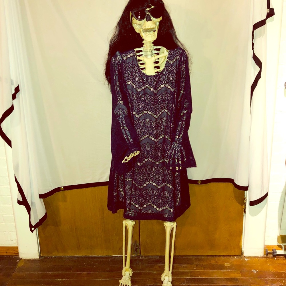 Crochet Lace Bell-Sleeve Navy Blue Dress